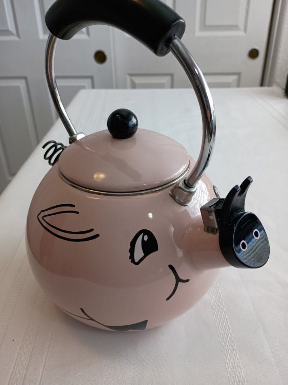 Vintage Pink Pig Teapot Enamel Tail Whimsical Kitchen Decor